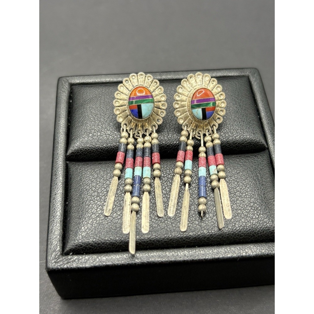 Vintage Quac True Sterling Silver Inlay Dangle Gem Earrings 925 G13